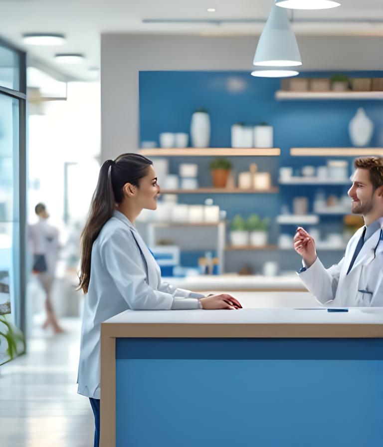 Moderne apotheekbalie met apotheker en cliënt in een lichte wijkapotheek in Zuid-Holland