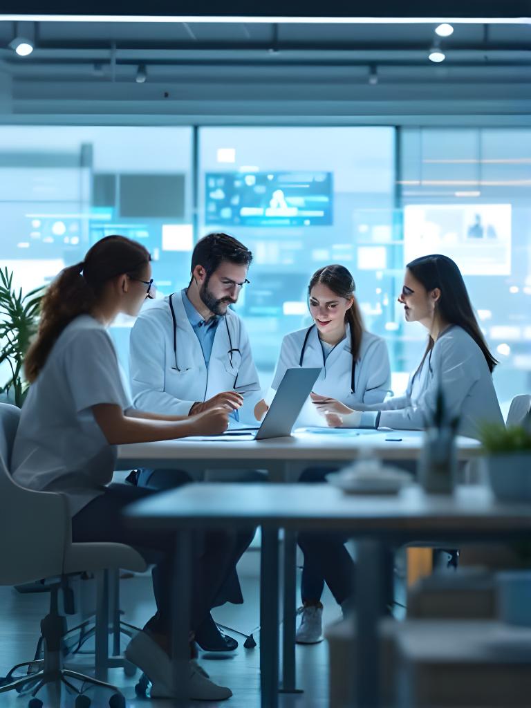 Zorgteam in een moderne praktijkruimte dat een digitaal patiëntendossier bespreekt naast meerdere schermen