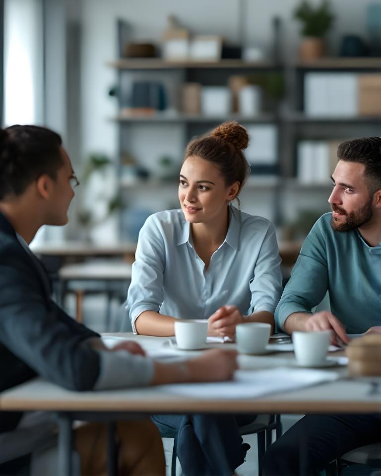 Het team van Maasen & Meijer Zorgpraktijk in een informeel gesprek op kantoor in Tilburg met dossiers en koffie op tafel