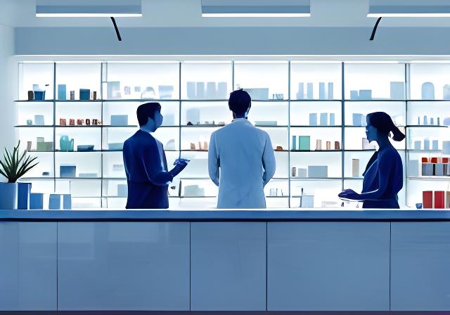 Apothekersbalie met georganiseerde medicatie-opslag en klantgesprek in een moderne apotheek