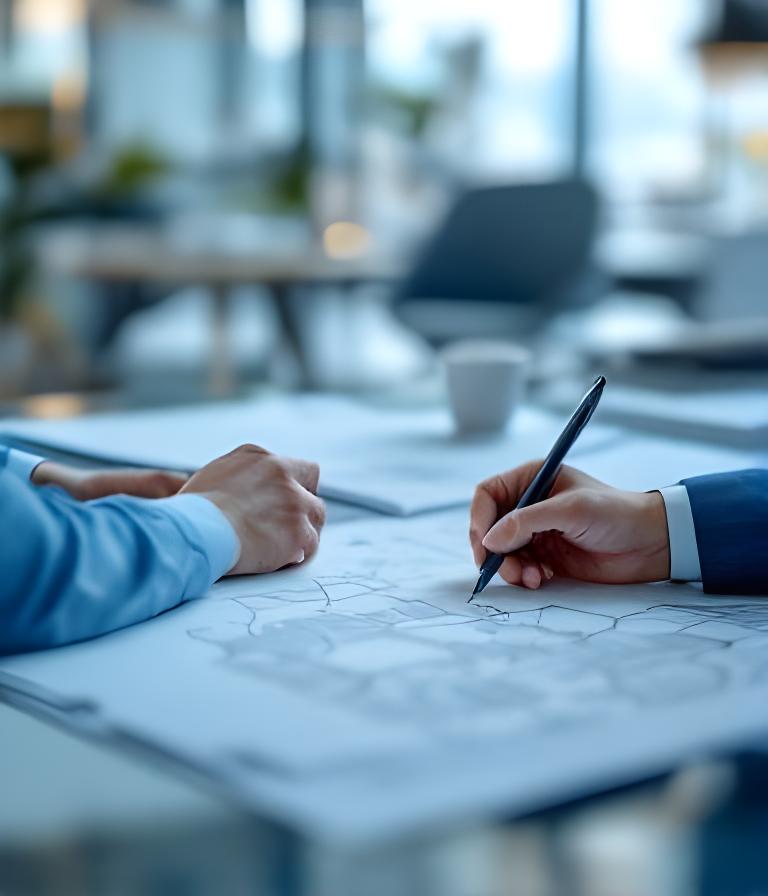 Twee zorgadviseurs bespreken een tandartspraktijk overdracht aan een tafel met dossiers en een stadskaart van Tilburg en Rotterdam